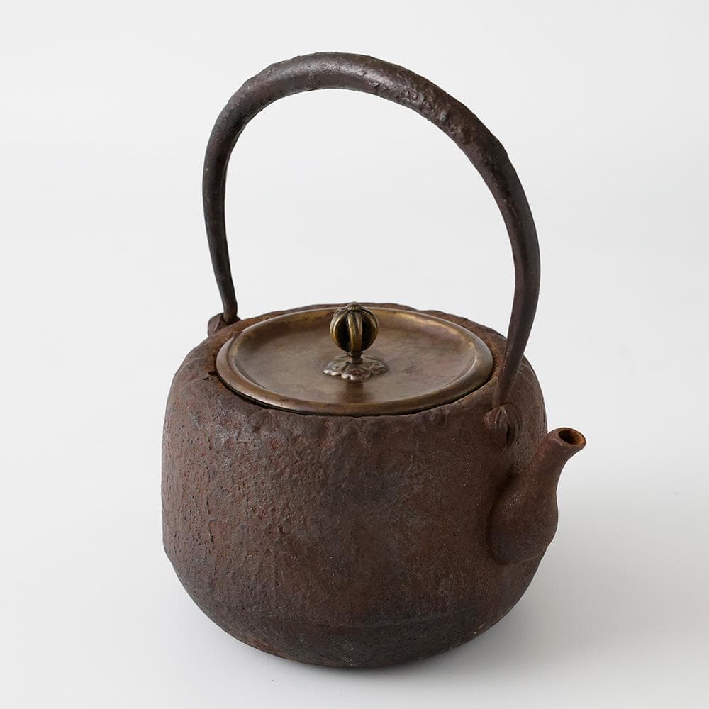 岩肌時代鉄瓶 斑紫銅蓋 湯沸かし 煎茶道具 高さ22㎝ 鉄器 南部 無落款