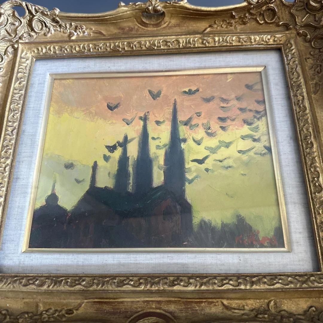 素晴らしい額の印象派風 油彩画 教会のシルエット