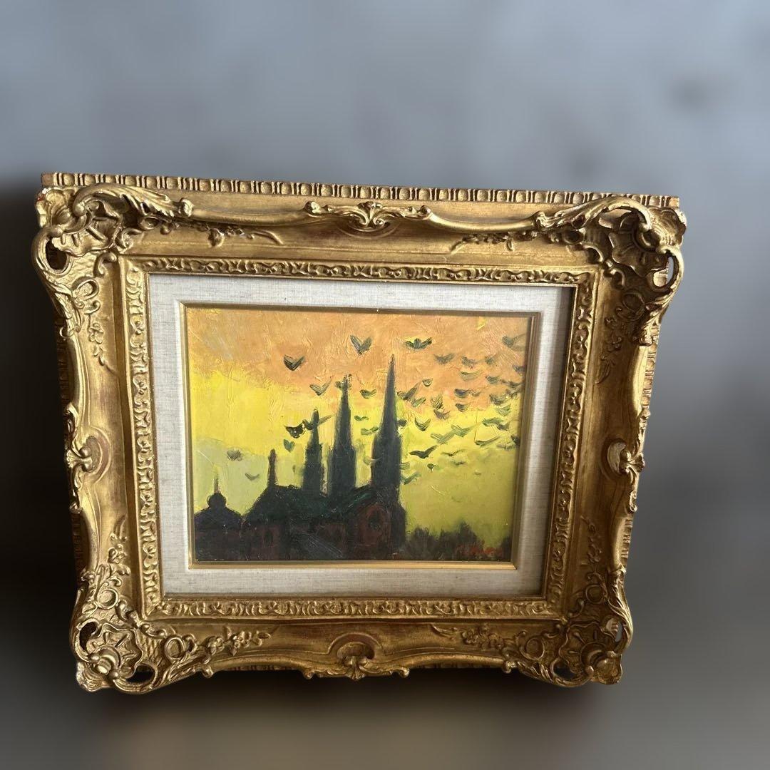 素晴らしい額の印象派風 油彩画 教会のシルエット