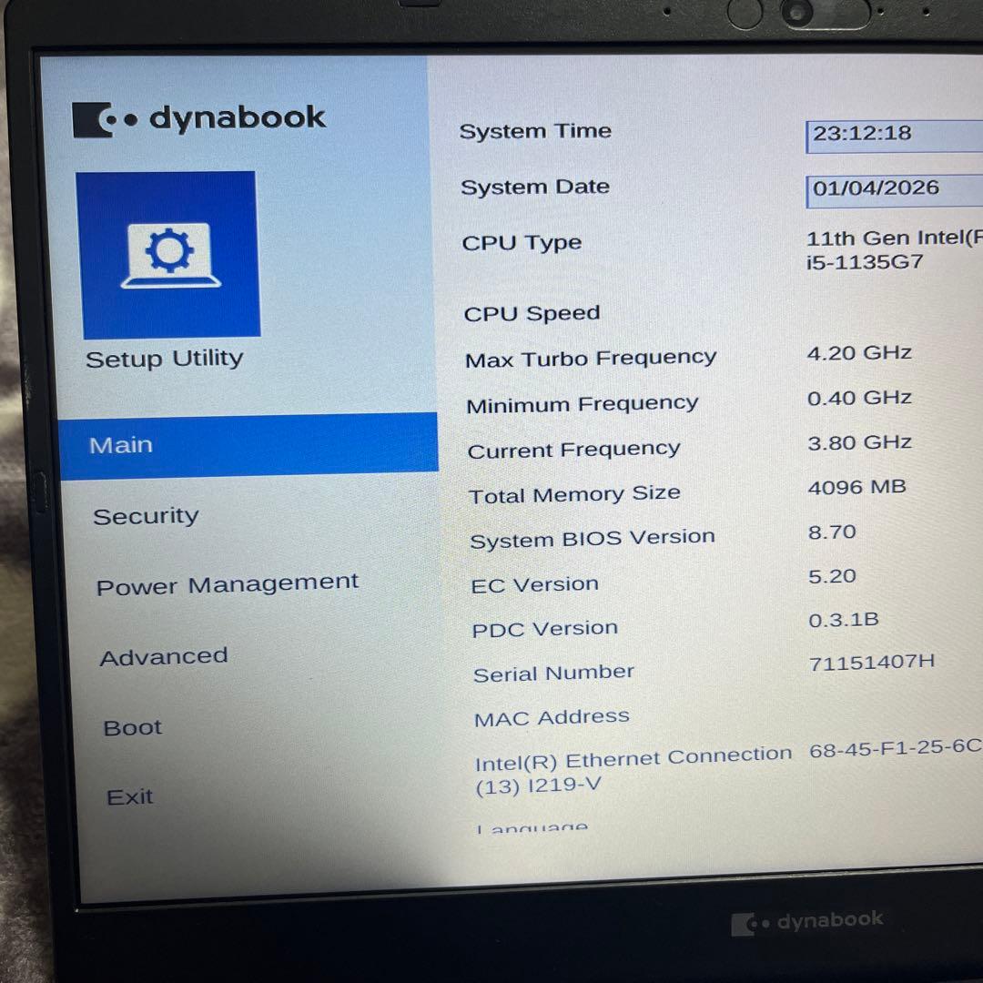【ジャンク品】 Core i5 第11世代 Dynabook ノートパソコン