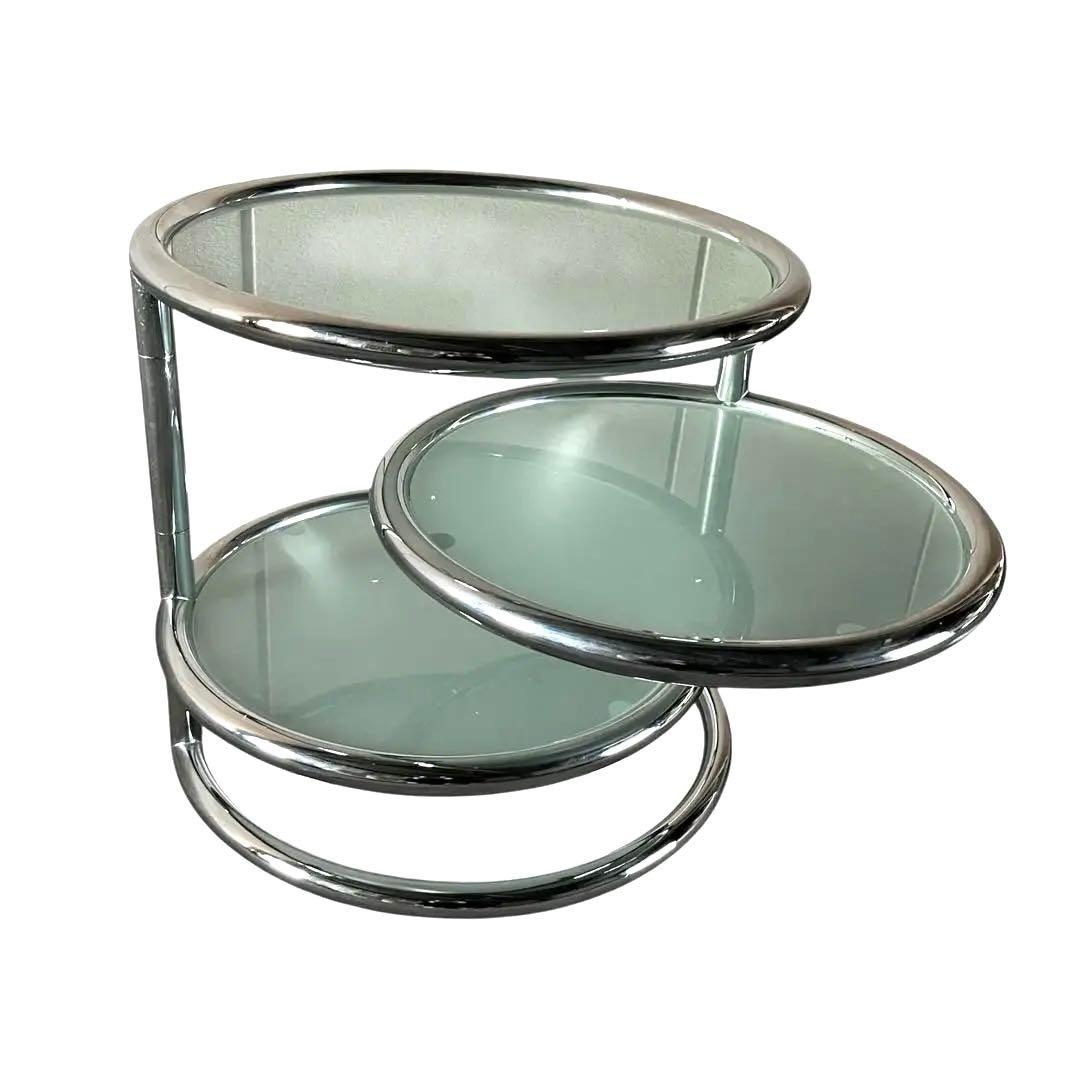 ミッドセンチュリー 丸型 ラウンドテーブル ヴィンテージ 曇りガラス ３段 4段