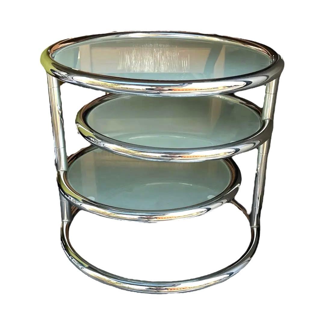 ミッドセンチュリー 丸型 ラウンドテーブル ヴィンテージ 曇りガラス ３段 4段