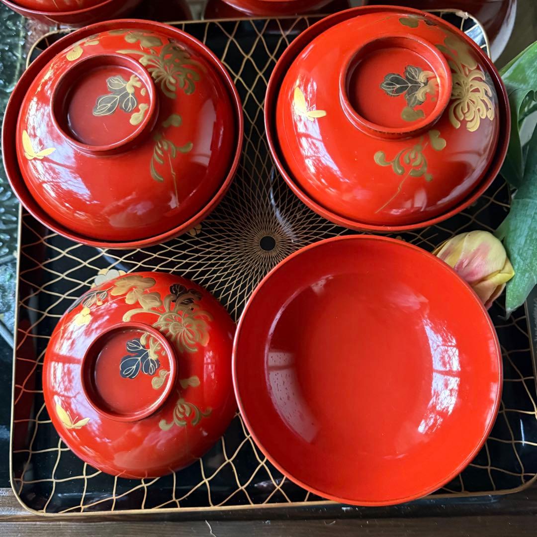 A様へ感謝お嫁入り‼️JAPAN 菊と蝶吉兆‼️朱色❌GOLD菊と蝶　吸物椀10客