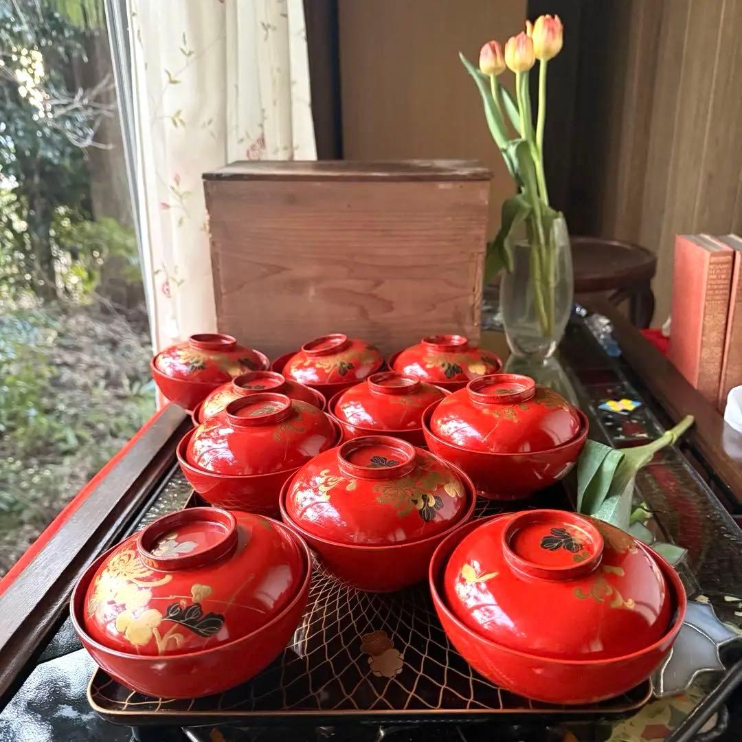 A様へ感謝お嫁入り‼️JAPAN 菊と蝶吉兆‼️朱色❌GOLD菊と蝶　吸物椀10客