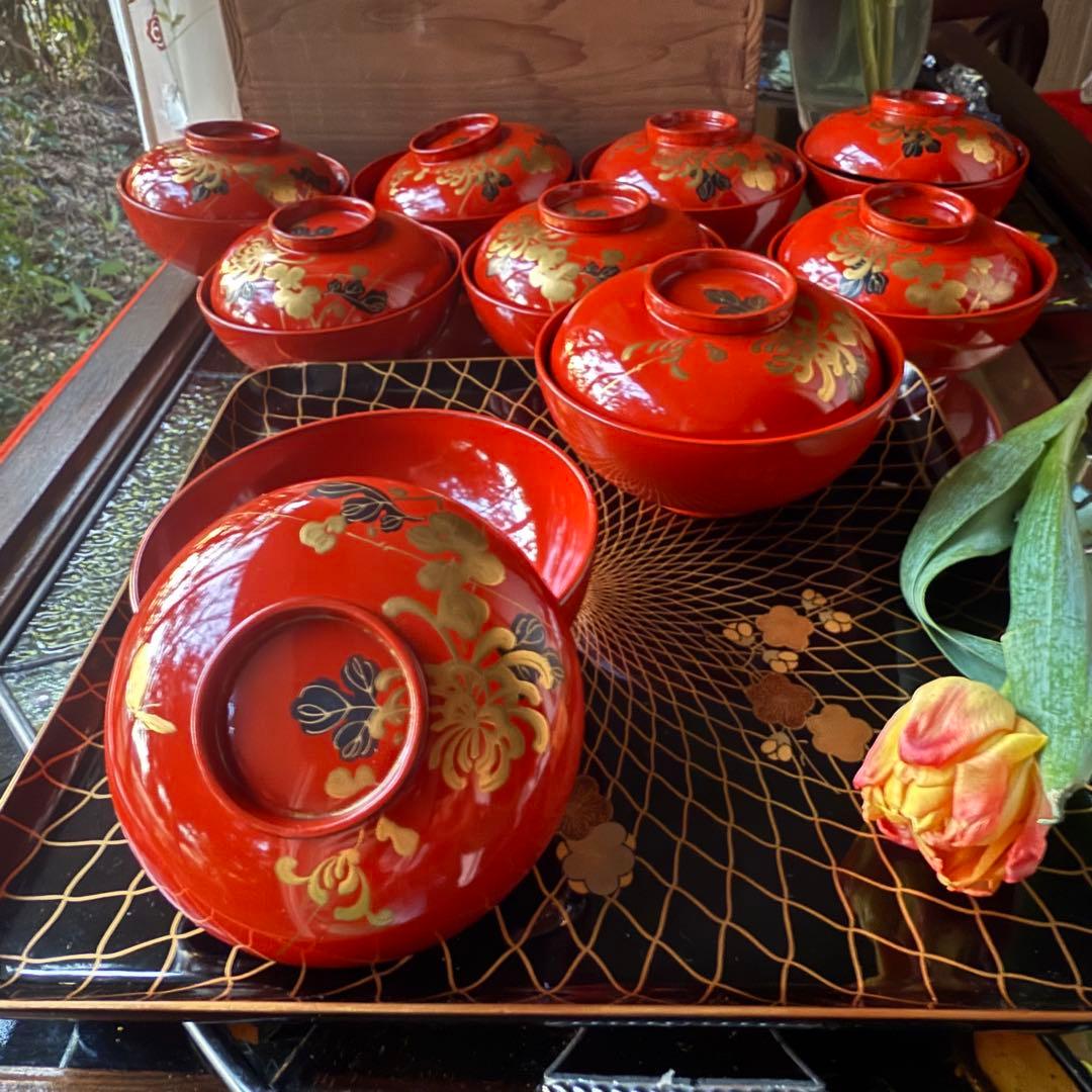 A様へ感謝お嫁入り‼️JAPAN 菊と蝶吉兆‼️朱色❌GOLD菊と蝶　吸物椀10客