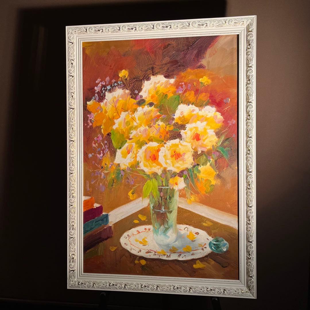 ★特大秀作★手書き油絵 花瓶の花 肉筆絵画 インテリア 油彩画
