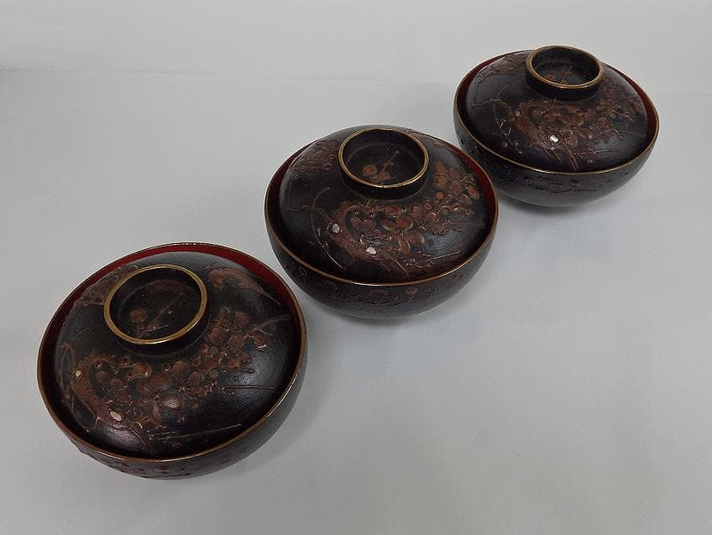 漆螺鈿　梅に鶯の図　吸い物椀　木製品　３客　A-fbnb