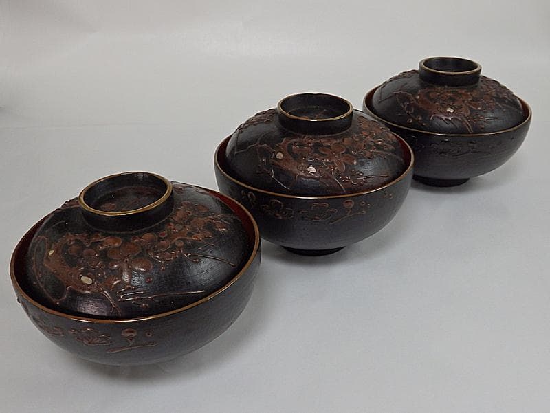 漆螺鈿　梅に鶯の図　吸い物椀　木製品　３客　A-fbnb