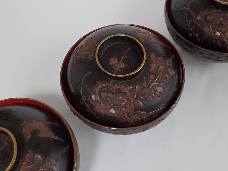 漆螺鈿　梅に鶯の図　吸い物椀　木製品　３客　A-fbnb
