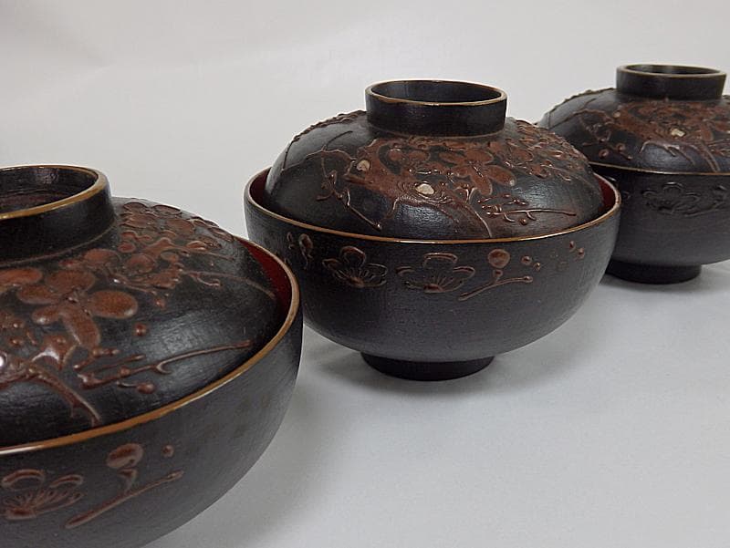 漆螺鈿　梅に鶯の図　吸い物椀　木製品　３客　A-fbnb