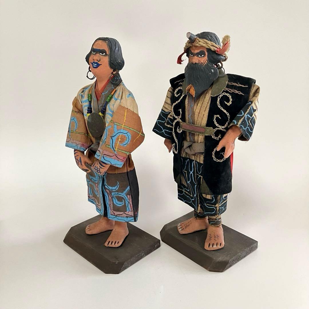 北海道　昭和初期　アイヌ　風俗人形　夫婦像　民俗資料　厚司織　タマサイ　民芸