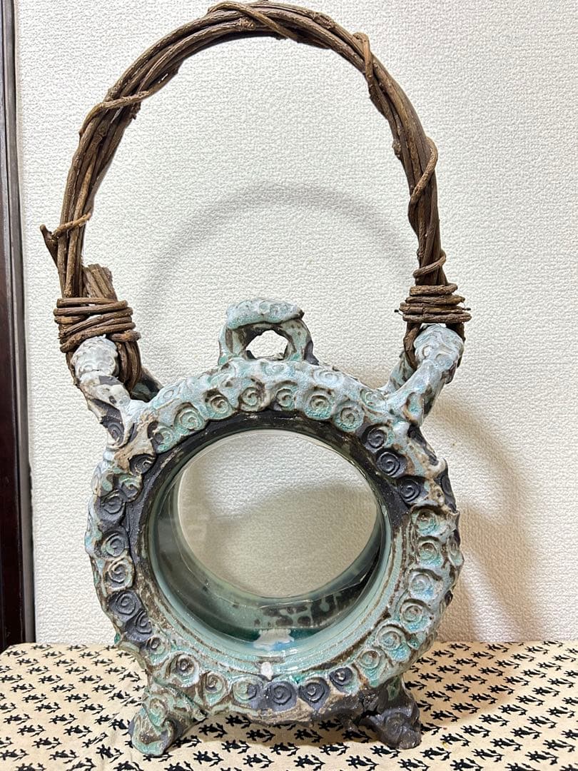 和　アジアン　青緑色　花模様　丸型　水槽　陶器　金魚　メダカ