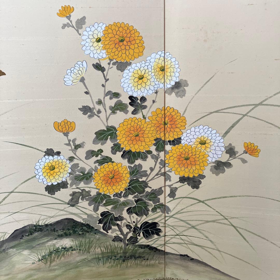 屏風 春湖 牡丹 絹本 引取品 年代物 時代物 美術品 アート