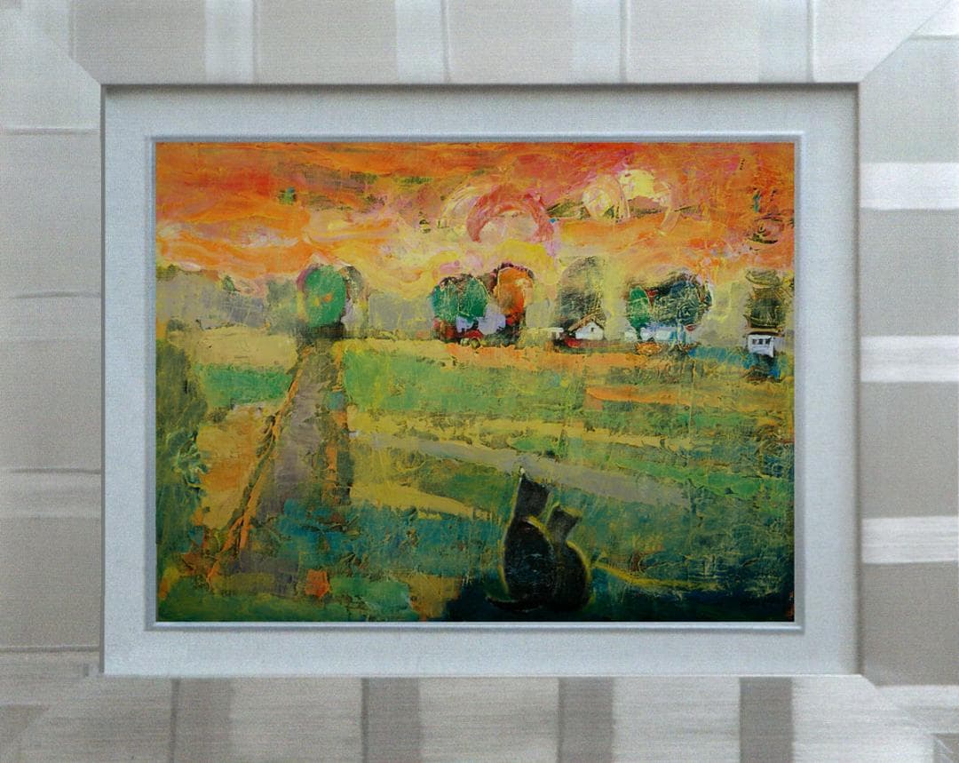 油絵 菅家令子 絵 絵画インテリア額付(白) uF6-070919夕朝陽 猫親子