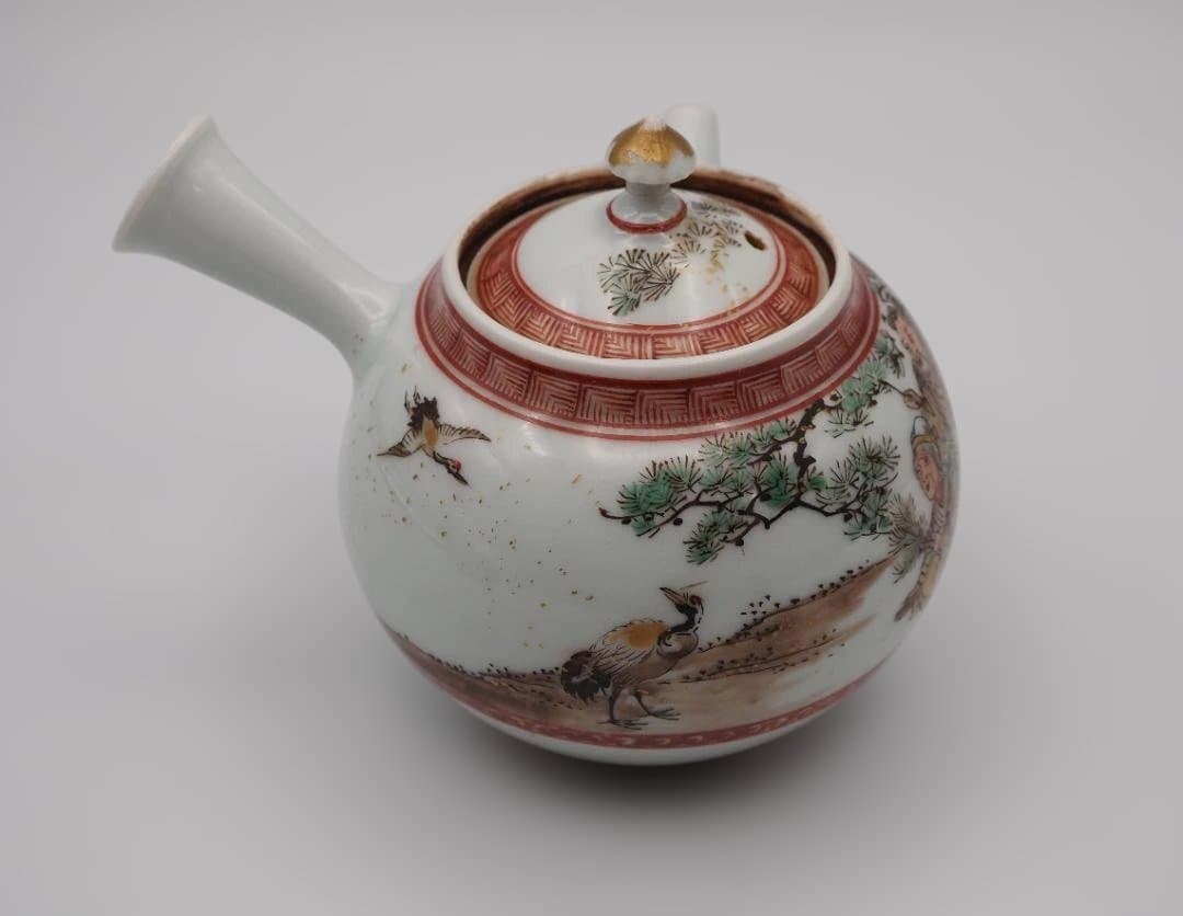 初代 水越与三兵衛 与三造 赤金入り 色絵 急須 共箱共布