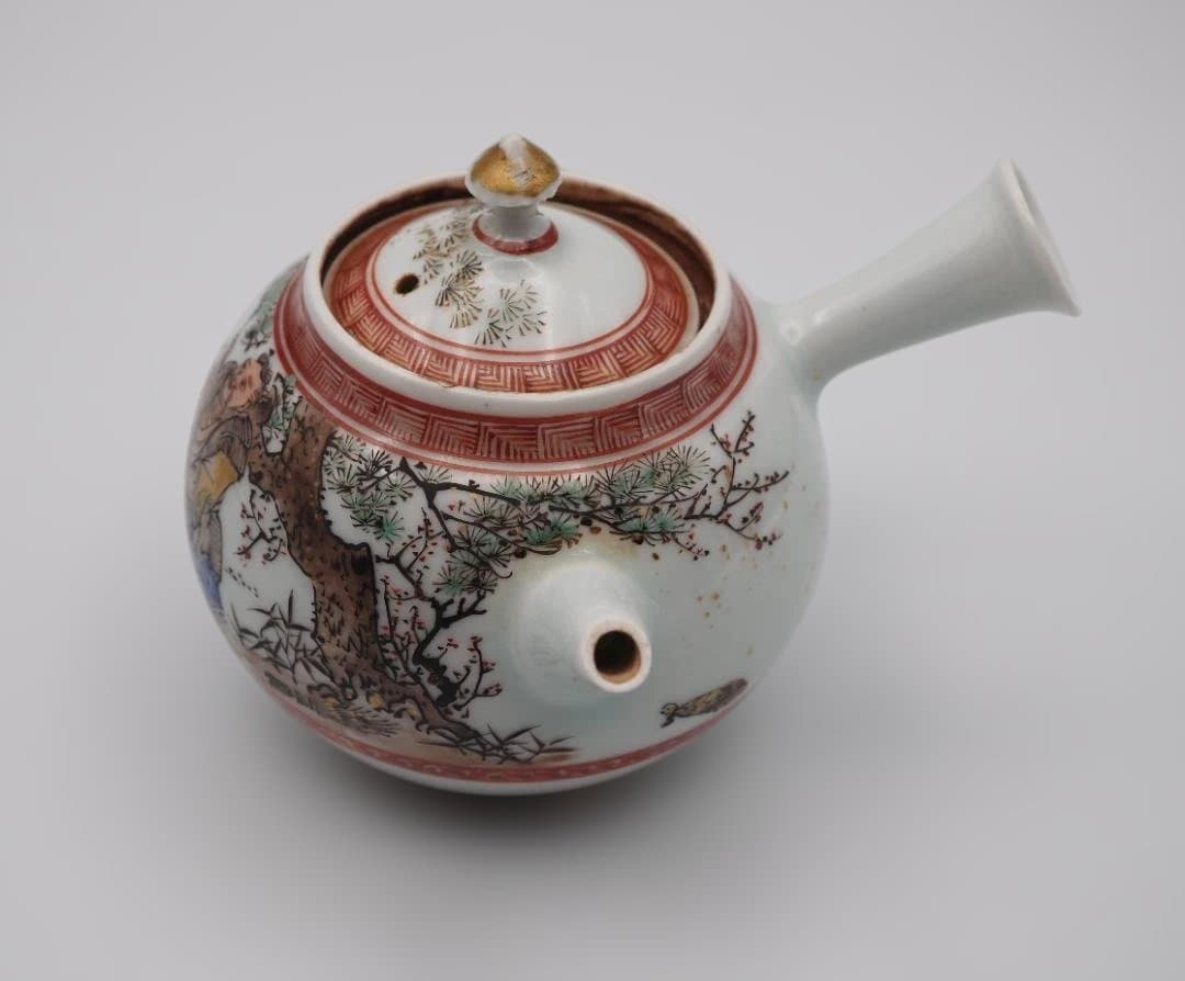 初代 水越与三兵衛 与三造 赤金入り 色絵 急須 共箱共布