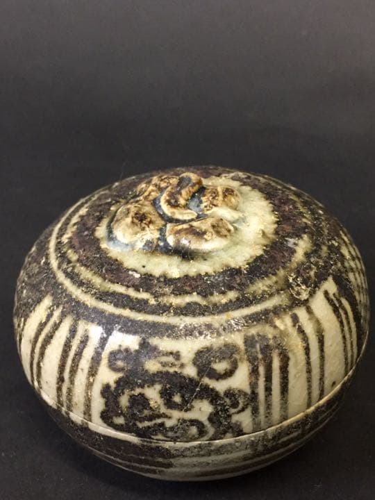 宋金時代 磁州窯 鉄絵塑磁 香合  年代物 宋胡緑