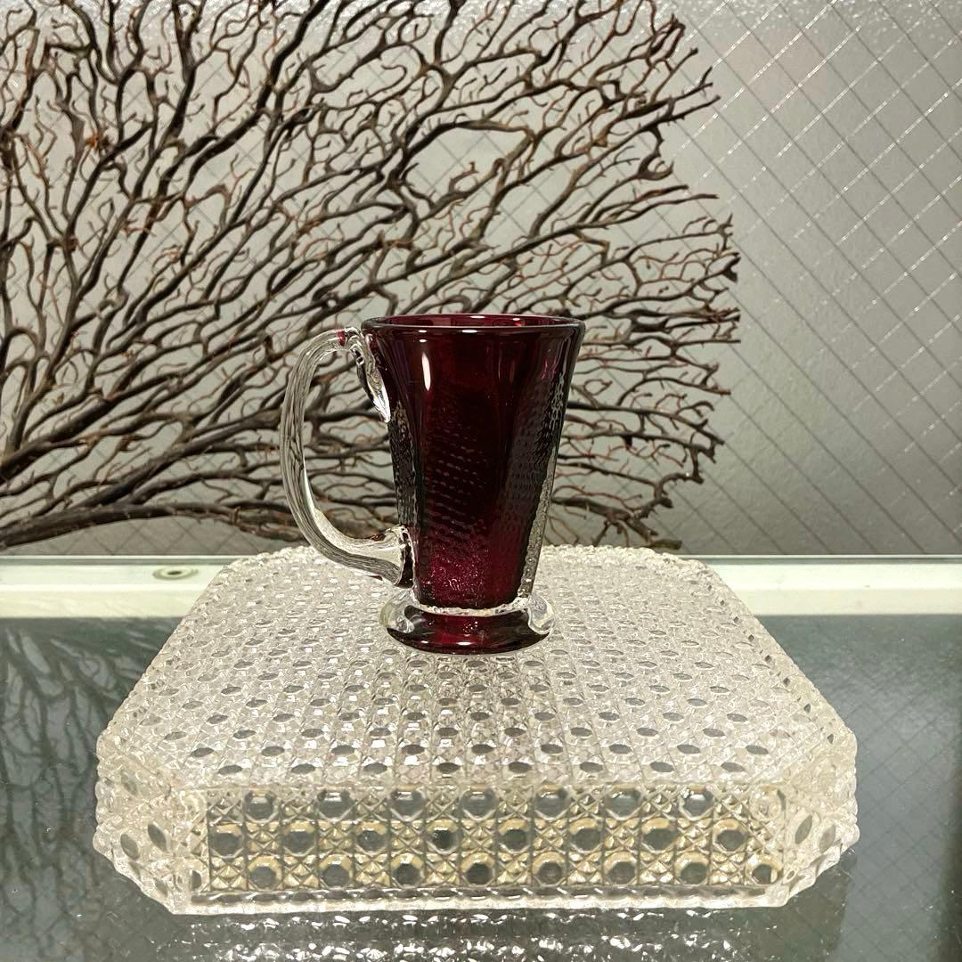 骨董　時代　希少金赤ガラス　取手付き　プレス調　アイスクリームコップ　ウラン③