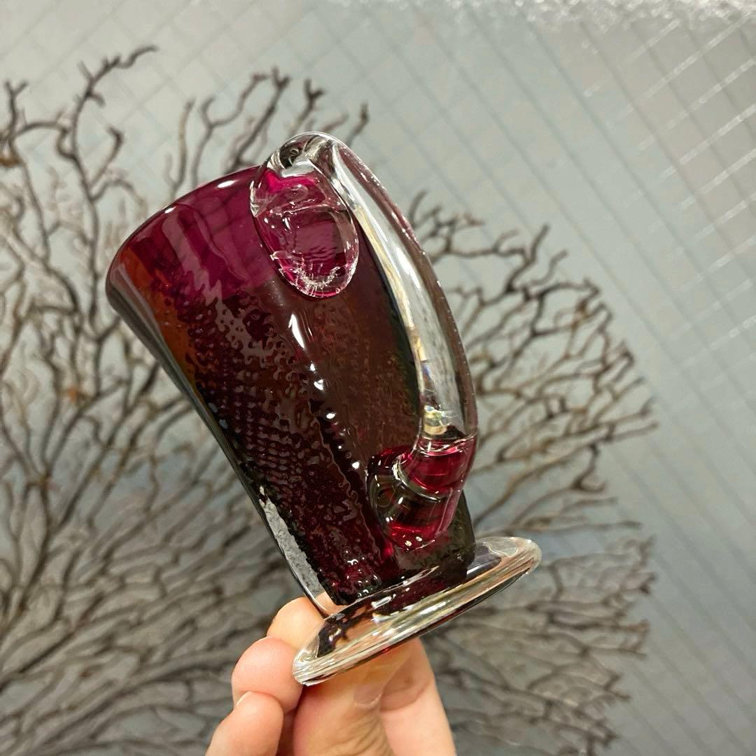 骨董　時代　希少金赤ガラス　取手付き　プレス調　アイスクリームコップ　ウラン③