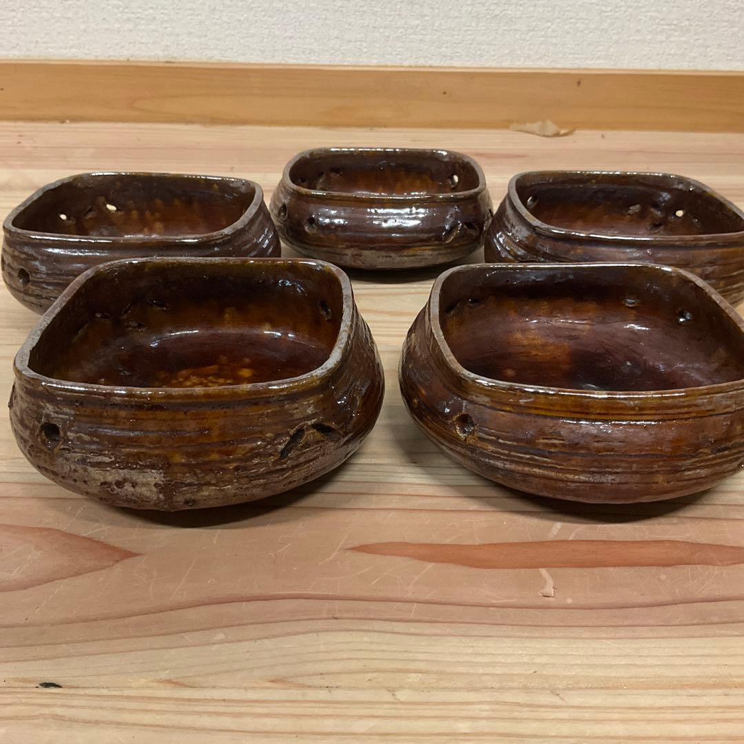 6代大樋長左衛　飴釉四方七宝透かし向付　5客揃え