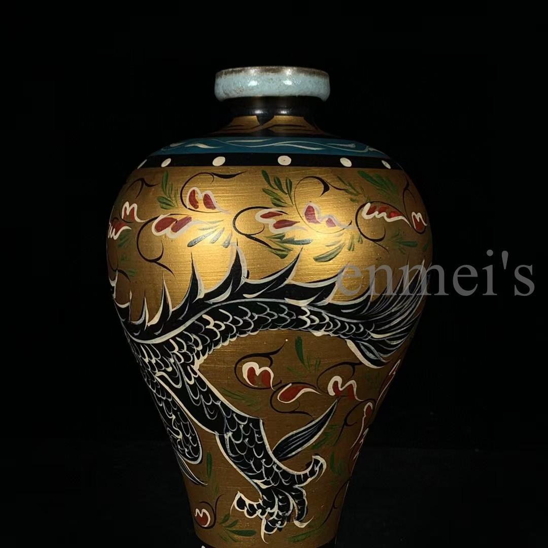 中国古美術・旧蔵宋汝窯・宋真宗御賜款彩繪龍紋梅瓶・彩絵・花瓶・陶磁器・文房置物