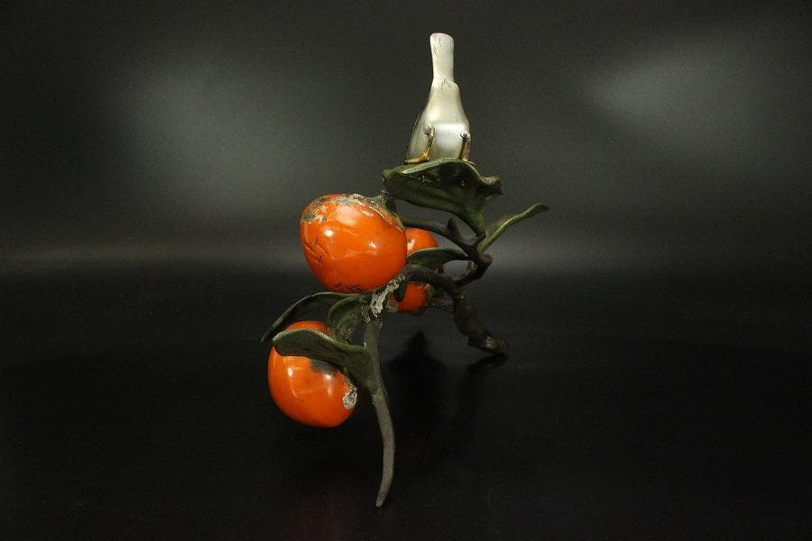 柿 木枝実 野鳥 置物 金属工芸(メ1168)