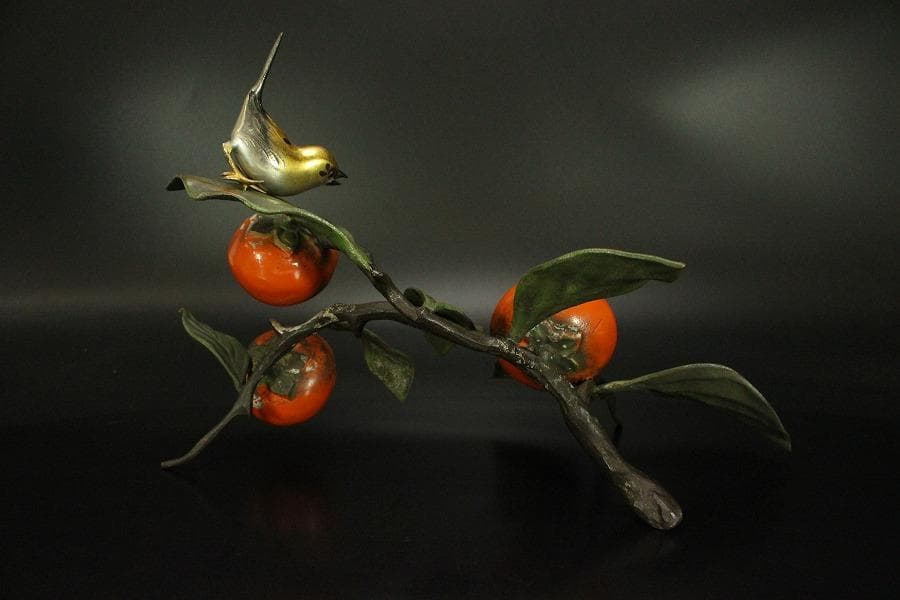 柿 木枝実 野鳥 置物 金属工芸(メ1168)