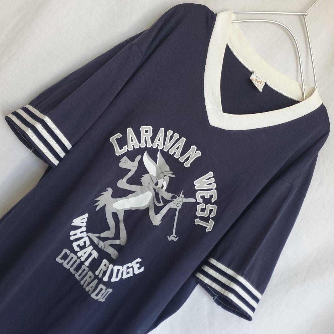 70's~80's sportswear フットボールTシャツ ネイビー キャラ
