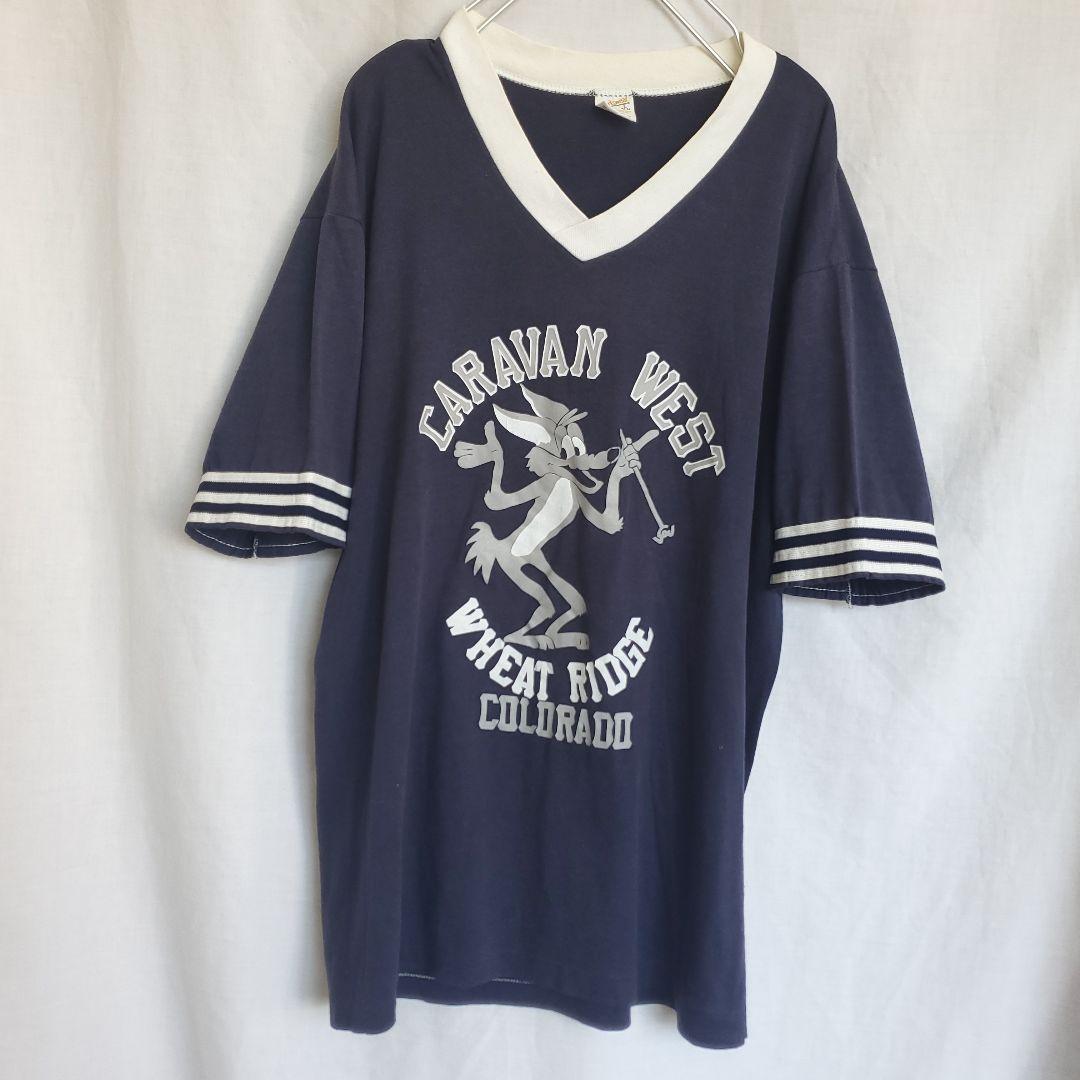 70's~80's sportswear フットボールTシャツ ネイビー キャラ