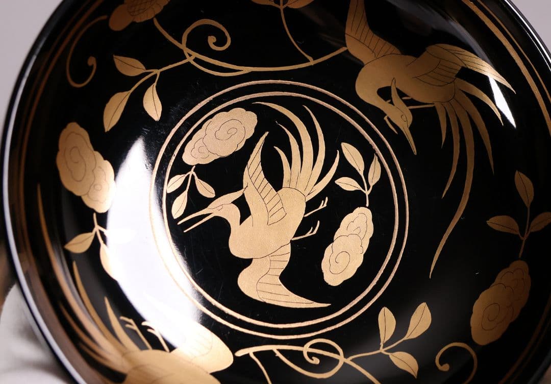 【MA723】木製漆器 長寛写 金蒔絵 黒塗木皿 二十客 吉祥鶴 菓子皿 小皿