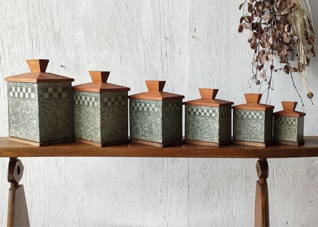 フランス アンティーク tin can 木蓋 キャニスター 6個セット ティン缶