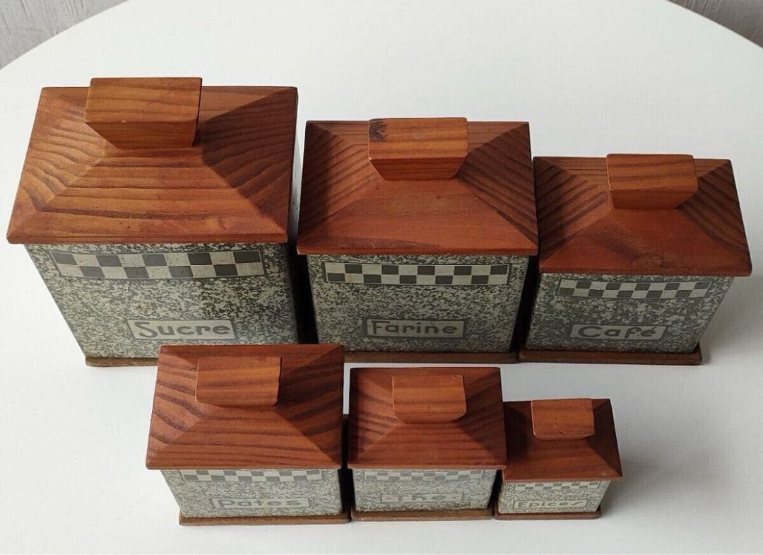 フランス アンティーク tin can 木蓋 キャニスター 6個セット ティン缶