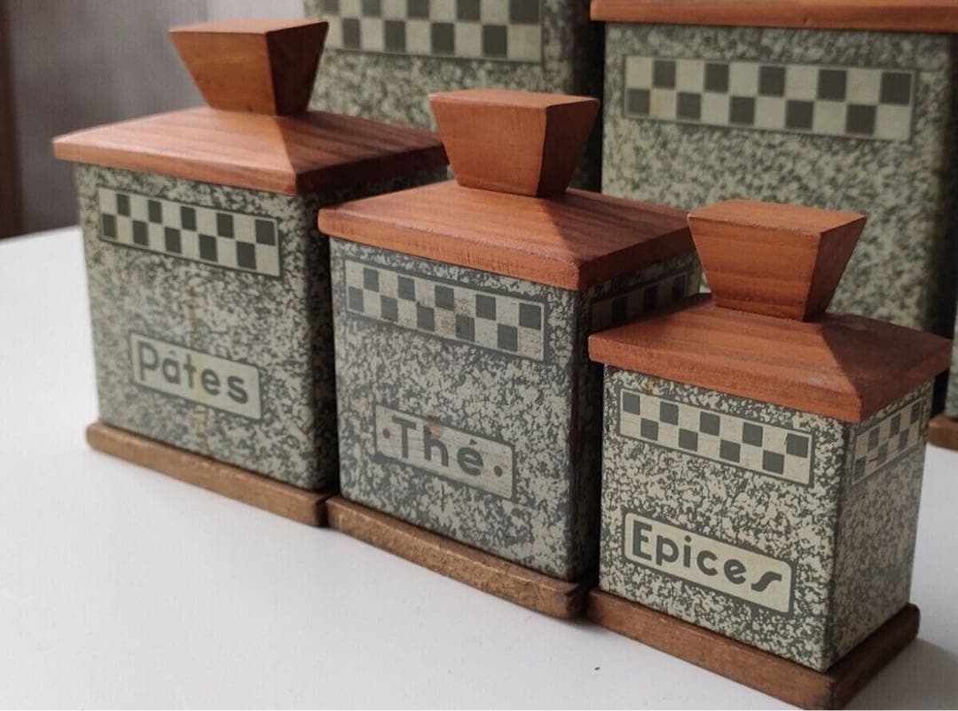 フランス アンティーク tin can 木蓋 キャニスター 6個セット ティン缶