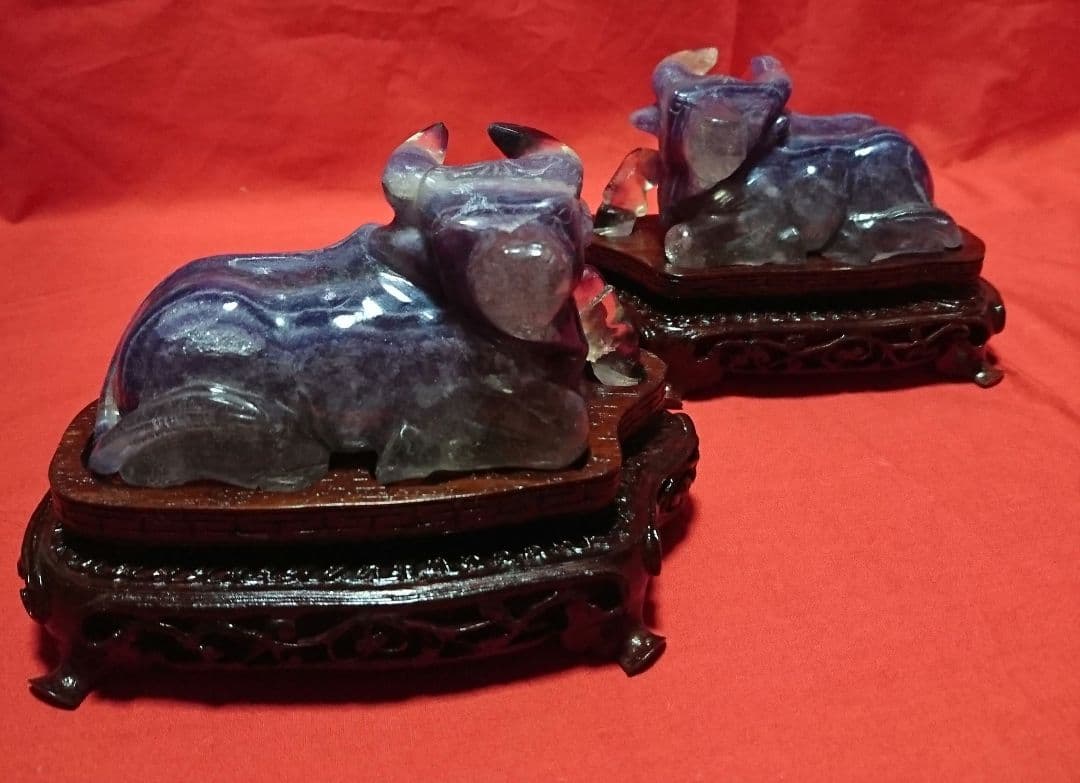 紫水晶/丑(牛)/2体左右一対/骨董/工芸品/水晶細工