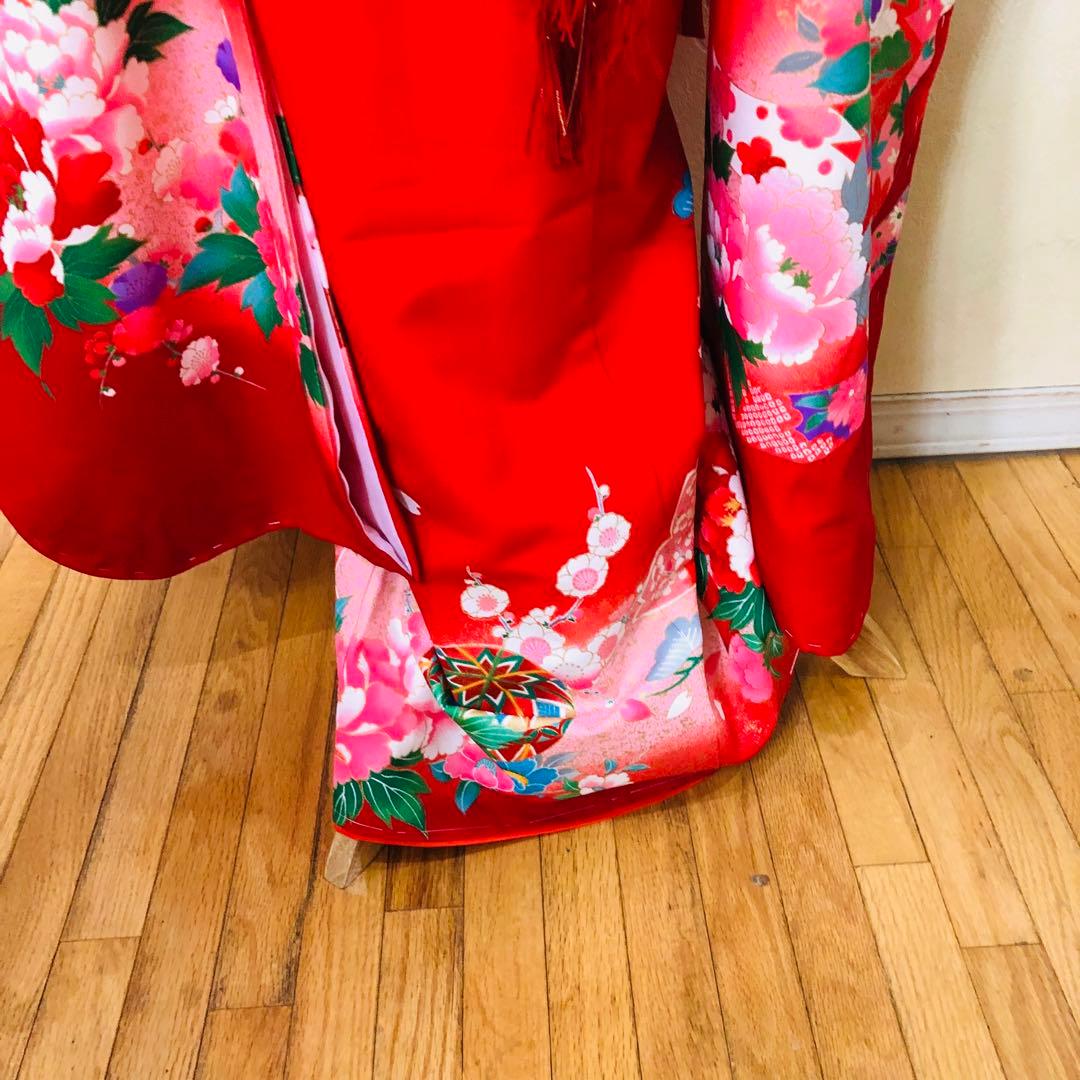 七五三七歳❣️豪華赤地手毬御所車花々金彩⭐︎作り帯楽々⭐︎完全フルセット銘品