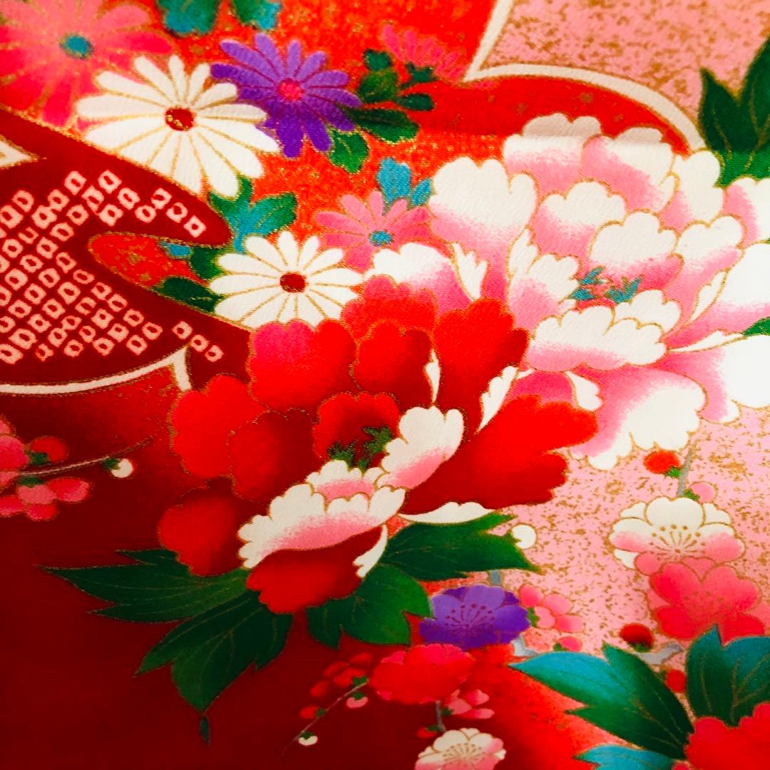 七五三七歳❣️豪華赤地手毬御所車花々金彩⭐︎作り帯楽々⭐︎完全フルセット銘品