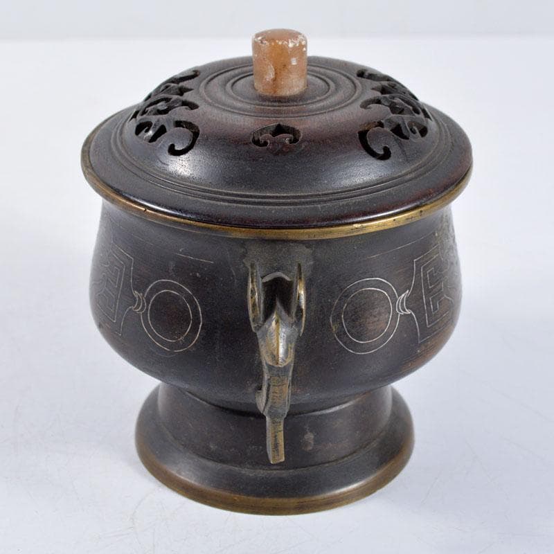 中国　古銅　象嵌神獣文　香炉　透かし唐木蓋　合せ箱　H　R4659