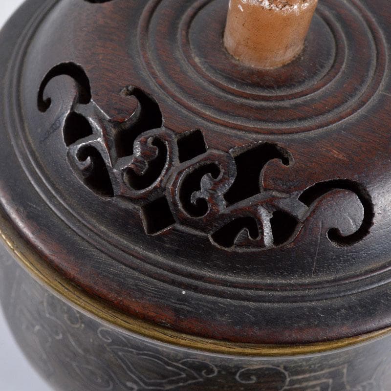 中国　古銅　象嵌神獣文　香炉　透かし唐木蓋　合せ箱　H　R4659
