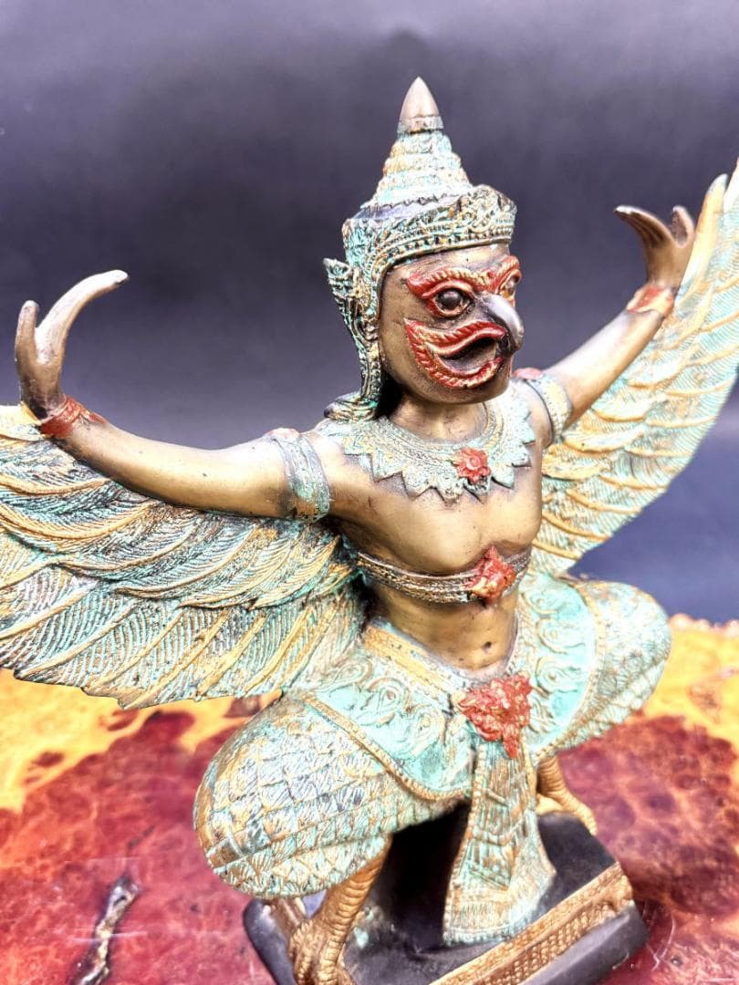銅製彩絵ガルーダ像 仏像 神像 鳥の王 古美術 ヒンドゥー教伝世品WWST078