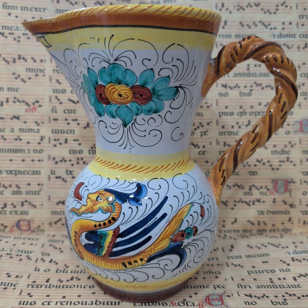 イタリア伝統工芸 デルータ焼 ドラゴン花模様ピッチャー ラファエレスク