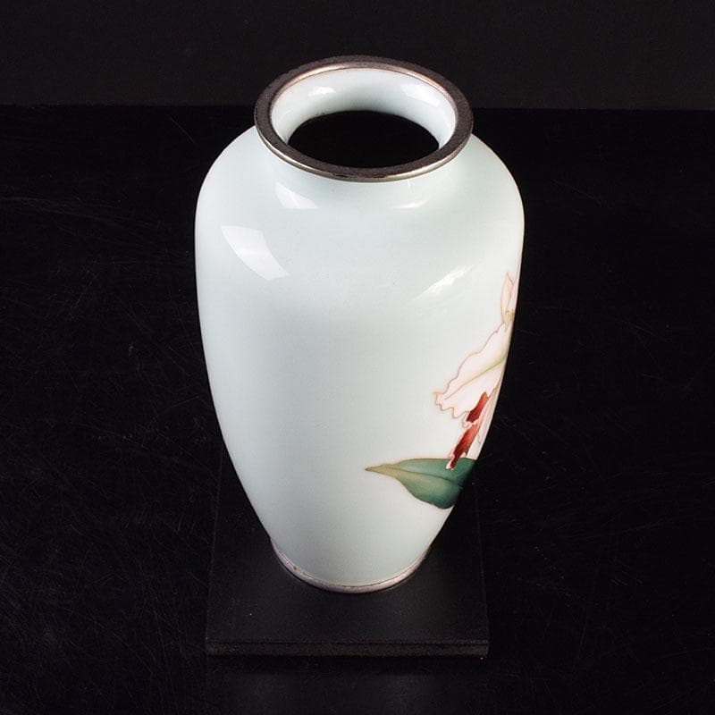 七宝焼　安藤七宝店　花文　花瓶　唐木台　時代箱付　M　R9165