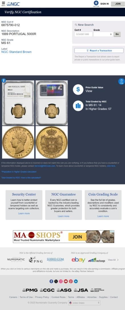 NGC-MS61 金貨 ポルトガル 5000レイス 1889 ルイス1世