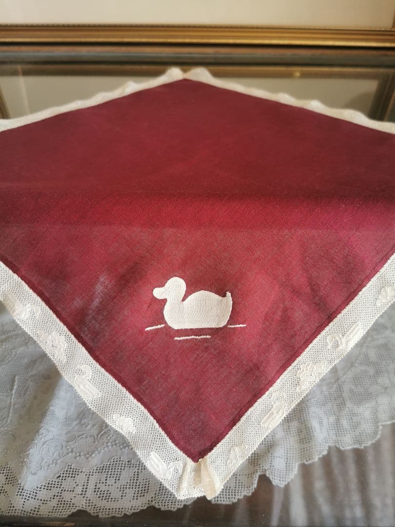 アンティーク 家鴨アップリケ刺繍 繊細な水鳥＆水草花アランソンレース クロス α