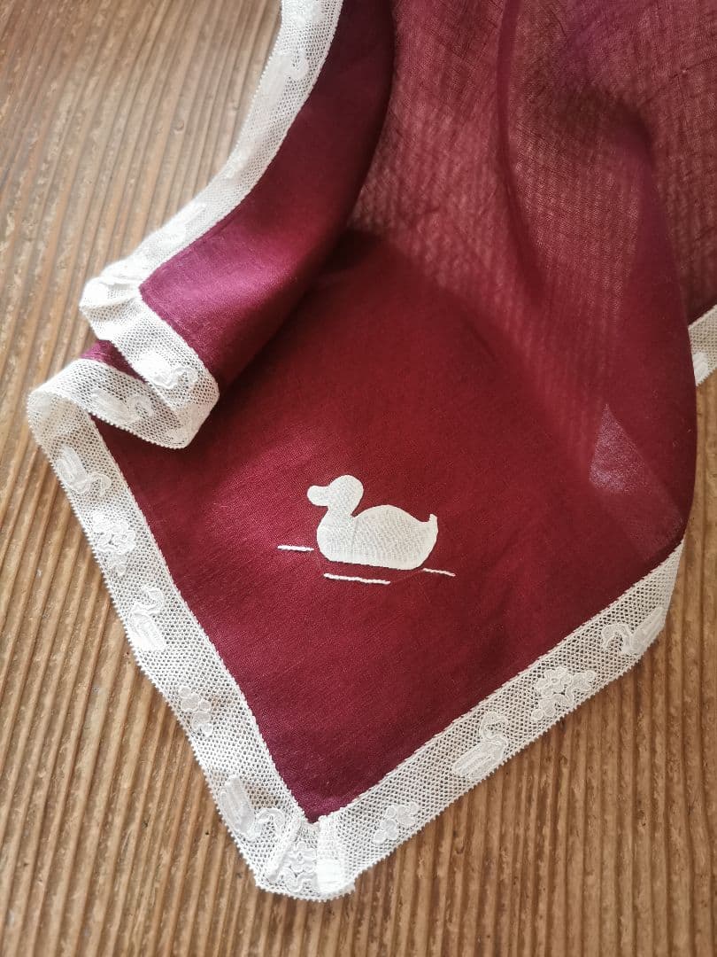 アンティーク 家鴨アップリケ刺繍 繊細な水鳥＆水草花アランソンレース クロス α