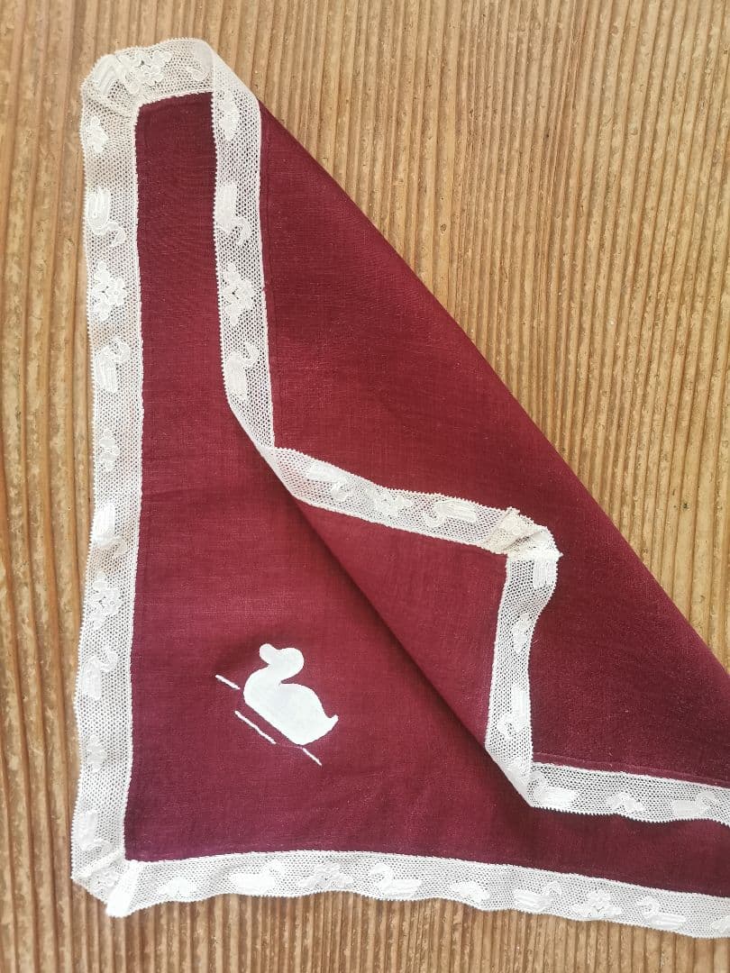 アンティーク 家鴨アップリケ刺繍 繊細な水鳥＆水草花アランソンレース クロス α