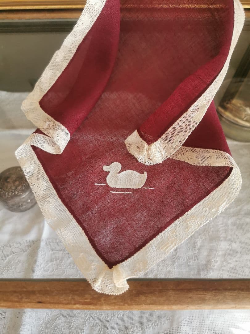 アンティーク 家鴨アップリケ刺繍 繊細な水鳥＆水草花アランソンレース クロス α