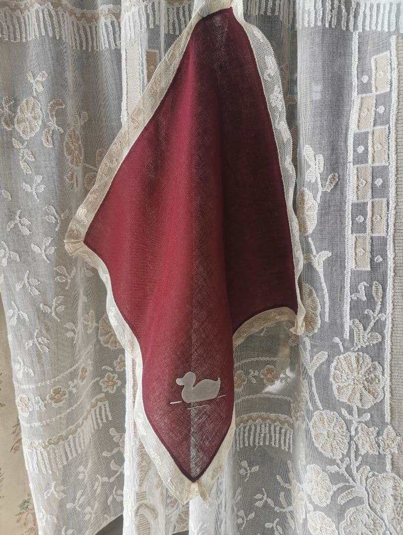 アンティーク 家鴨アップリケ刺繍 繊細な水鳥＆水草花アランソンレース クロス α