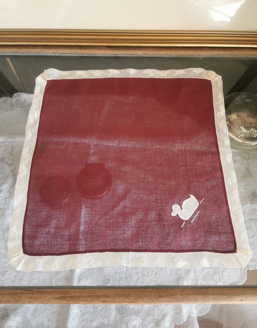 アンティーク 家鴨アップリケ刺繍 繊細な水鳥＆水草花アランソンレース クロス α