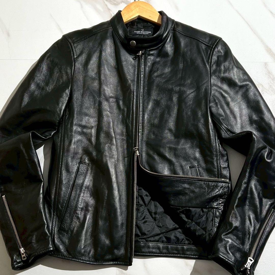 【美品】ナノユニバース レザージャケット ラムレザー キルティング シングル 黒
