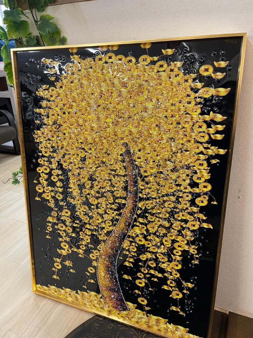 水晶絵　アートパネル　金の生る木　金運　クリスタル　立体　絵画　アート　ゴールド